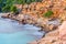 Cala Salada and Saladeta in san Antonio Abad at Balearic Islands Spain. Long exposure, Typical house for fishing boats and rocks.