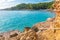 Cala Salada and Saladeta in san Antonio Abad at Balearic Islands Spain. Long exposure, Typical house for fishing boats and rocks.