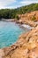 Cala Salada and Saladeta in san Antonio Abad at Balearic Islands Spain. Long exposure, Typical house for fishing boats and rocks.