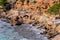 Cala Salada and Saladeta in san Antonio Abad at Balearic Islands Spain. Long exposure, Typical house for fishing boats and rocks.