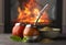 Calabashes with mate tea and bombilla on light grey table near fireplace