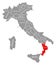 Calabria red highlighted in map of Italy