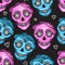 Calavera sign Dia de los muertos. Mexican Day of the dead. Seamless pattern. Vector hand darwing illustration woman and
