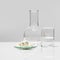 Calcium carbonate Chip in Chemical Watch Glass place next to crystal clear liquid in Beaker and Flat Bottom Flask Borosilicate