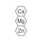 Calcium, magnesium and zinc vitamins. Ca, Mg, Zn icon and logo. Vector clipart and drawing. Isolated illustration.