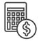 Calculator with coin line icon. Budget, money saving symbol, outline style pictogram on white background. Dollar sign