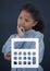 Calculator icon against office kid girl thinking background