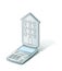 Calculator with a lid in the shape of a house with windows and a roof. Calculator of mortgage payments. 3d illustration. Isolated
