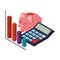 Calculator math with saving piggy and statistic graphic