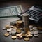 Calculator and pen with stacks of coins and banknotes nearby