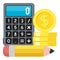 Calculator, Pencil & Coins Flat Icon on White