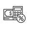 Calculator with percent symbol and banknotes. Calculating financial risk planning