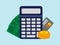 Calculator surrounded by banknotes, a stack of coins and a credit card. Calculation of financial risk planning.