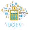 Calculator taxes and accounting concept surrounded by financial icon set, bookkeeping, taxation.