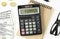 Calculator with text Finance. Calculator, currency