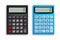 Calculator vector set. Office calculator in black and blue colors with top view 3D realistic look
