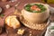 Caldo verde popular soup in Portuguese cuisine. Traditional ingredients for caldo verde are potatoes, onion, garlic, collard