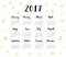 Calendar 2017 year. Week starts Sunday. One sheet with handwritten months and golden spots. Modern vector design.