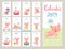 Calendar 2019. Cute monthly calendar with cheerful piggies. Hand drawn style characters.