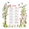 Calendar 2019 with nature frame elements - trees, flowers, birds, bees. Vector illustration