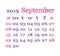 Calendar 2019. September. Vector template. English calender. Wee