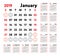 Calendar 2019. Vector English calender. January, February, March