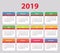 Calendar 2019. Week starts on Sunday, basic, colorful