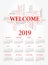 Calendar for 2019 year, WELCOME word cloud