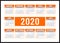 Calendar 2020. English orange color vector design. Week starts on Sunday. Horizontal calender design template