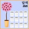 Calendar 2020 Korean. Stock rose or hibiscus national symbol of South Korea. Scroll with parchment. Persimmon fruit. Translation: