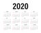 Calendar 2020 template. Calendar mockup design in black and white colors, holidays in red colors, week starts on sunday