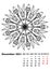 Calendar 2021 with different  hand drawn mandala, December, page 12 of 13. The week starts on Monday, black and white raster