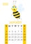 Calendar 2021. Monthly calendar for January 2021 from Sunday to Saturday. Yearly Planner. Templates with cute hand drawn bee.