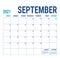 Calendar 2021. September. English calender template. Vector square grid. Office business planning. Creative design. Blue color