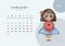 Calendar 2021 watercolor. Calendar for 2021, january 2021 template. Watercolor illustration - pretty girl with a balloon