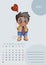 Calendar 2021 watercolor. Template for February 2021. Watercolor Hand drawing - cute boy with a balloon-heart. Space for