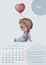 Calendar 2021 watercolor. Template for June. Watercolor drawing - a cute boy sitting with a balloon in his hands. Design