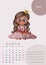 Calendar 2021 watercolor. Template for March. Watercolor drawing - cute girl fashionista with lipstick in her hands