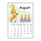 Calendar for 2022 cute dwarf holding a carrot, month of August cartoon style