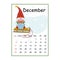 Calendar for 2022 cute dwarf on a wooden sled with a gift, December cartoon style