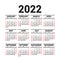 Calendar 2022. English vector square wall or pocket calender design template. New year. Week starts on Sunday. Black, red and