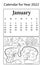 Calendar for 2022. Month of January. Vector coloring book. Ant colony and worker ants.