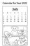 Calendar for 2022. Month of July. Raster coloring book. Dollhouse with toys, dolls tea party.