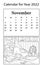 Calendar for 2022. Month of November. Vector coloring book. Design of a children room for boy, child sleeps in ship bed.