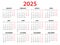 Calendar 2025 year vector illustration, Set of 12 calendar, week starts on Monday, Simple planner template, desk calendar 2025