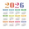Calendar 2026. English colorful vector square wall or pocket calender template. Design. New year. Week starts on Sunday