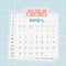 Calendar for April 2021. Blue text on squared paper with dots. A piece of newspaper is at the bottom, pink scotch, patterned