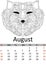 Calendar august month 2019. Antistress coloring fox head, wolf. Wild animal patterns. Raster