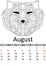 Calendar august month 2019. Antistress coloring fox head, wolf. Wild animal patterns. Vector