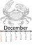 Calendar December month 2019. Antistress coloring crab, mandala, patterns. Crustacean from the seabed. Raster